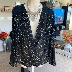 💋Ellen Tracy black sheer V neck blouse 👚 party top gold speckled design L